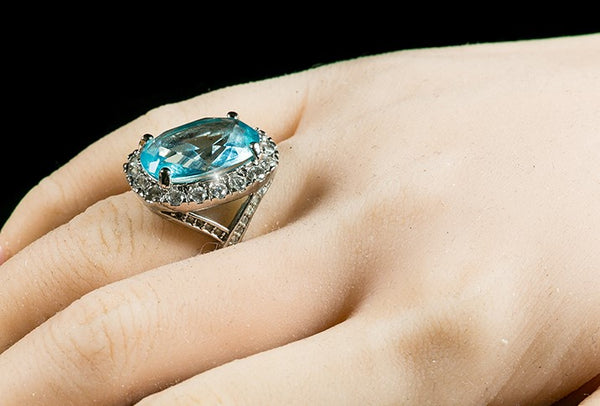 Kaylin Aqua Blue Cushion Cut Halo Cocktail Ring, 15ct – Beloved Sparkles