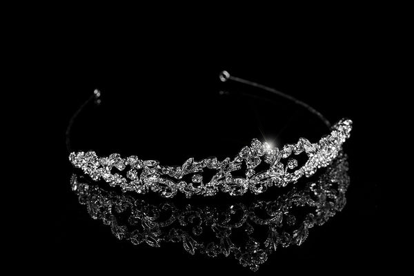 Estella Crystal Floral Bouquet Silver Tiara | Vintage Art Deco Flower Silvertone Tiara Crown