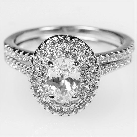 Kehira 1ct Oval CZ Halo Solitaire Engagement Ring Set | 2.3ct