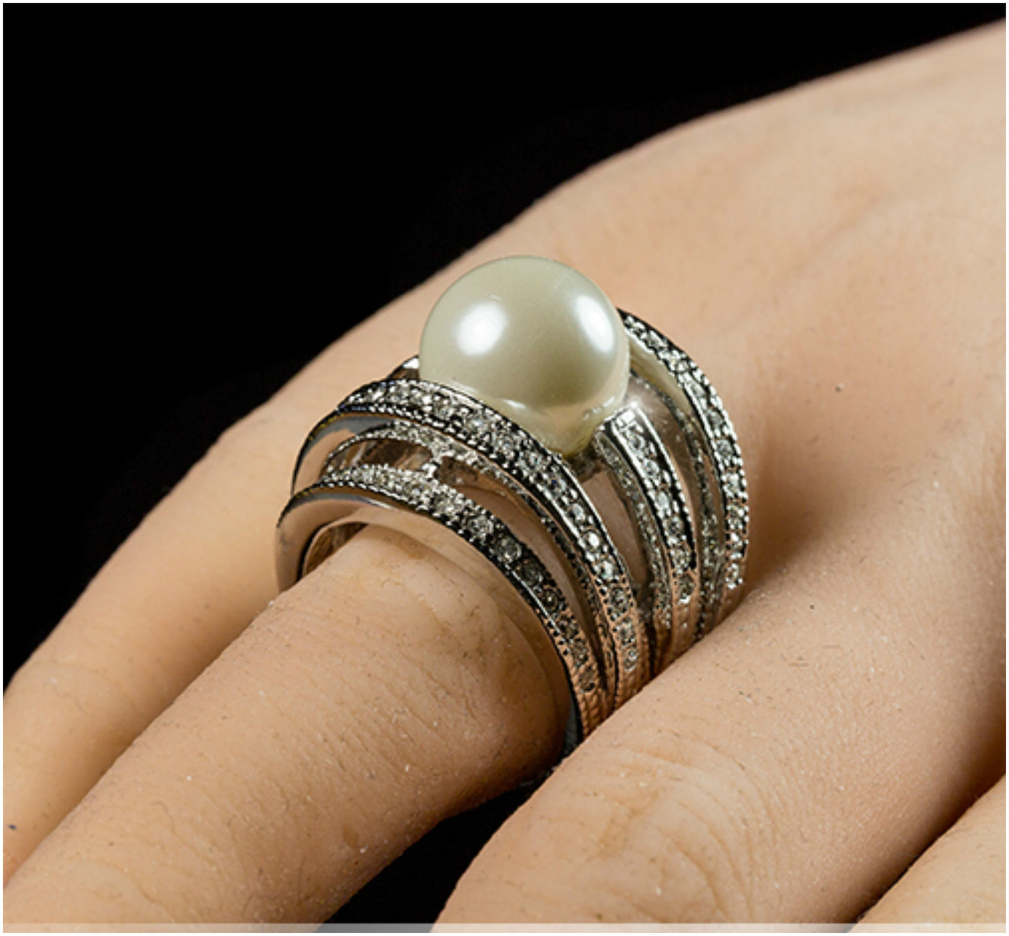 Ayala 12mm White Pearl CZ Band Cocktail Ring