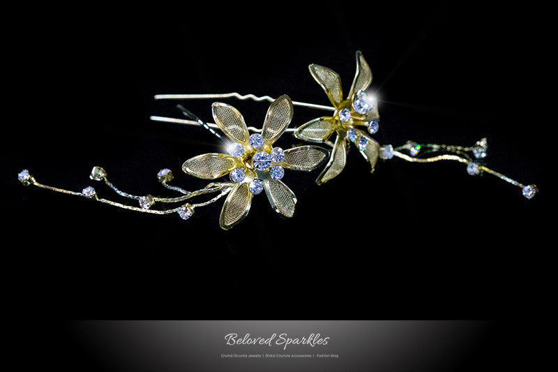 Kathy Gold Flower Hair Stick Pin | Rhinestone - Beloved Sparkles
