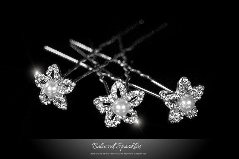 Nicola Pearl Flower Hair Stick Pin | Pearl | Rhinestone - Beloved Sparkles
 - 1