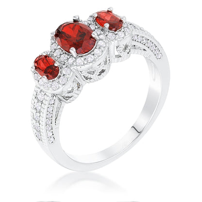 Chessa Three Stone Garnet Oval CZ Halo Ring | 1.7ct