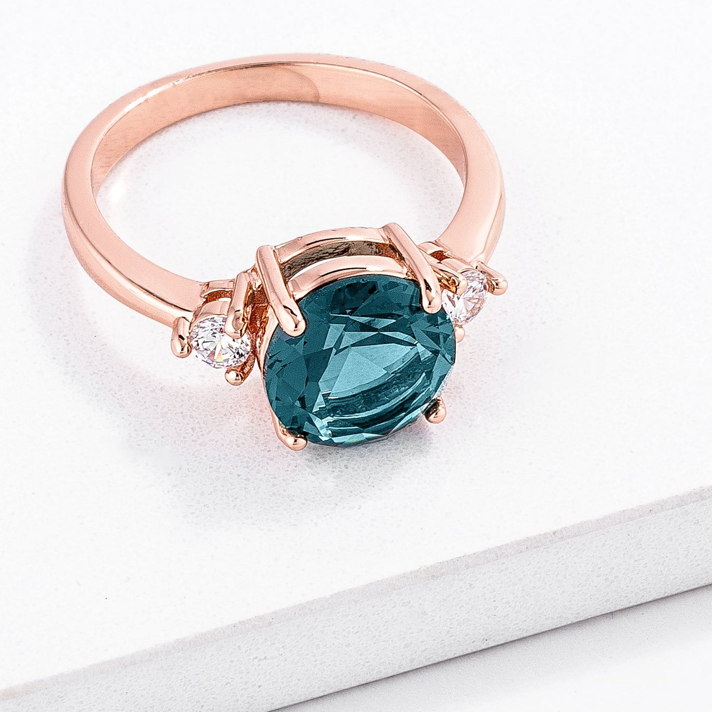 Abigail 9mm Round Blue Green CZ Three Stone Ring | 3ct