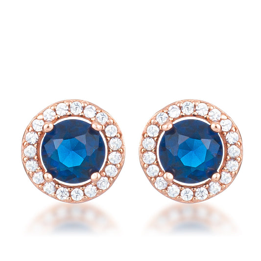 Emily 6mm Sapphire Round CZ Halo Rose Gold Earrings | 2.3ct