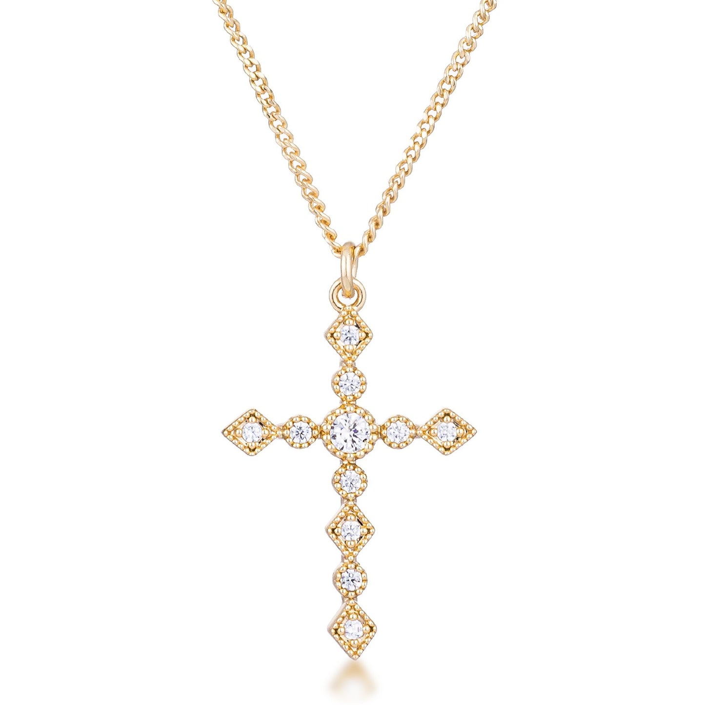 Jelana Delicate Vintage CZ Gold Cross Pendant