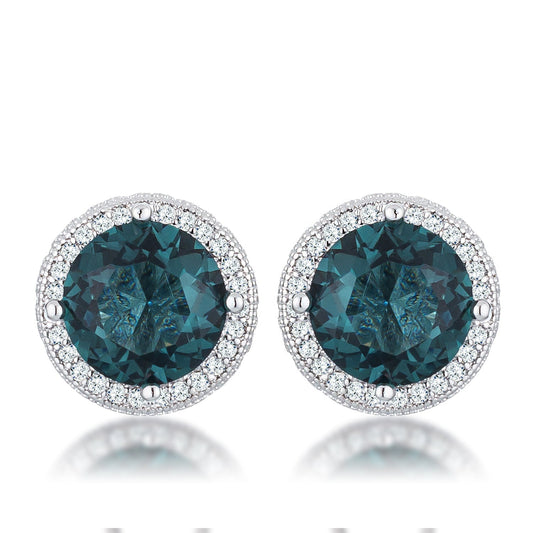 Jan Blue 9mm Green Round CZ Halo Silver Earrings | 3ct