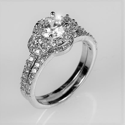 Narah Three Stone Halo Engagement Wedding Ring Set | 2.5ct