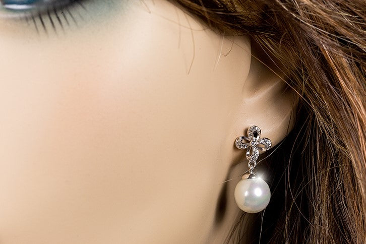 Stacy White Pearl Drop Ribbon Dangle Earrings