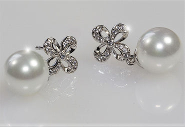 Stacy White Pearl Drop Ribbon Dangle Earrings