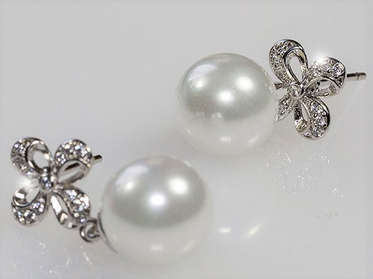 Stacy White Pearl Drop Ribbon Dangle Earrings