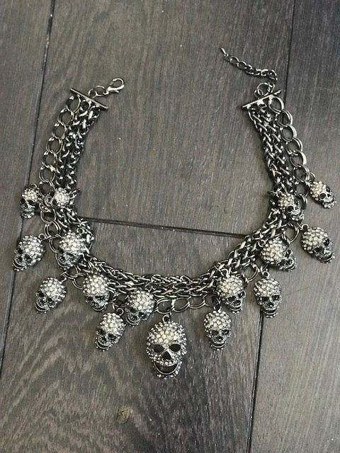 Skulls Cluster Black Goth Fashion Crystal Necklace